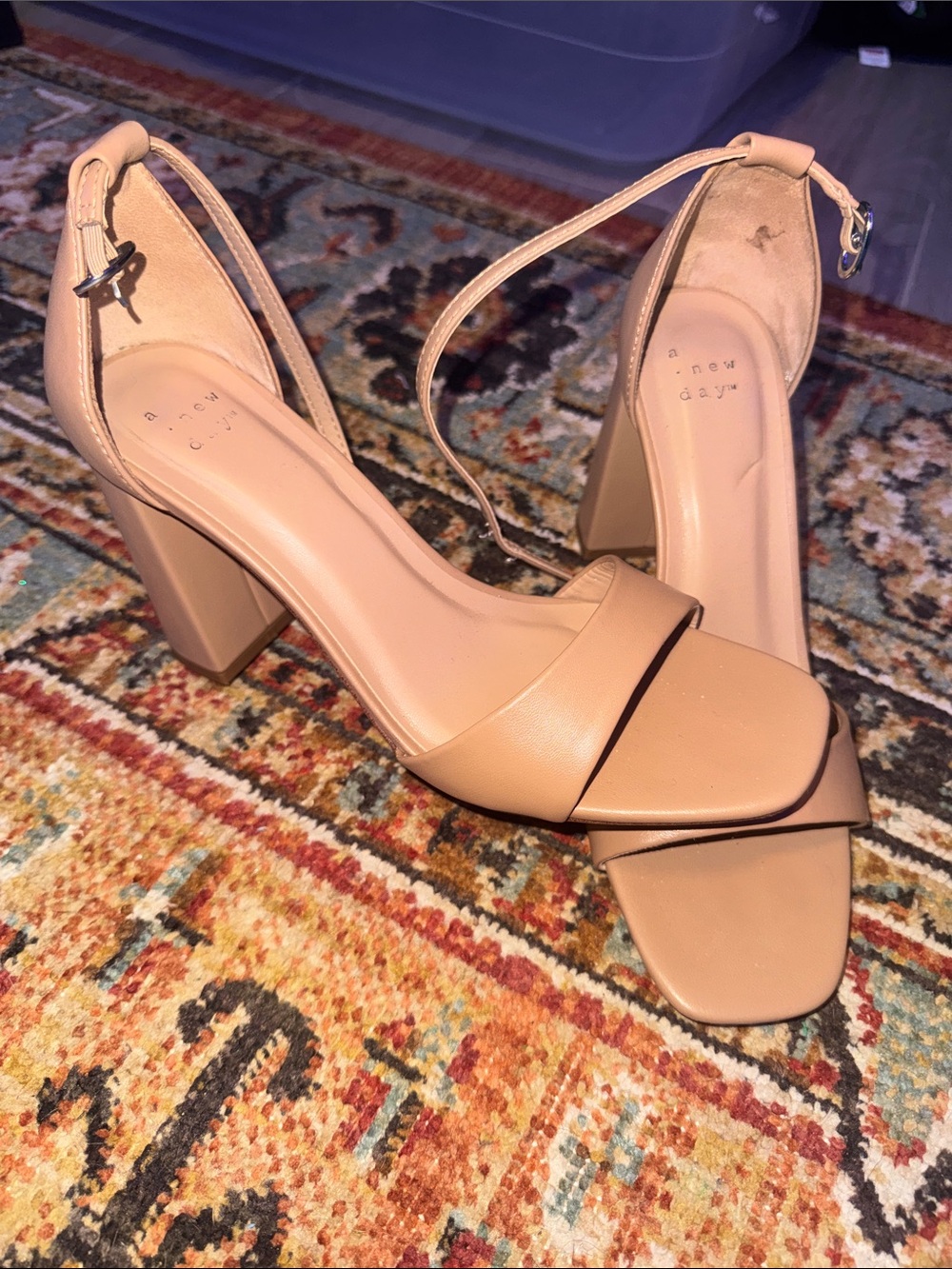 a new day Tan Square-Toe Block Heel Ankle-Strap Sandals